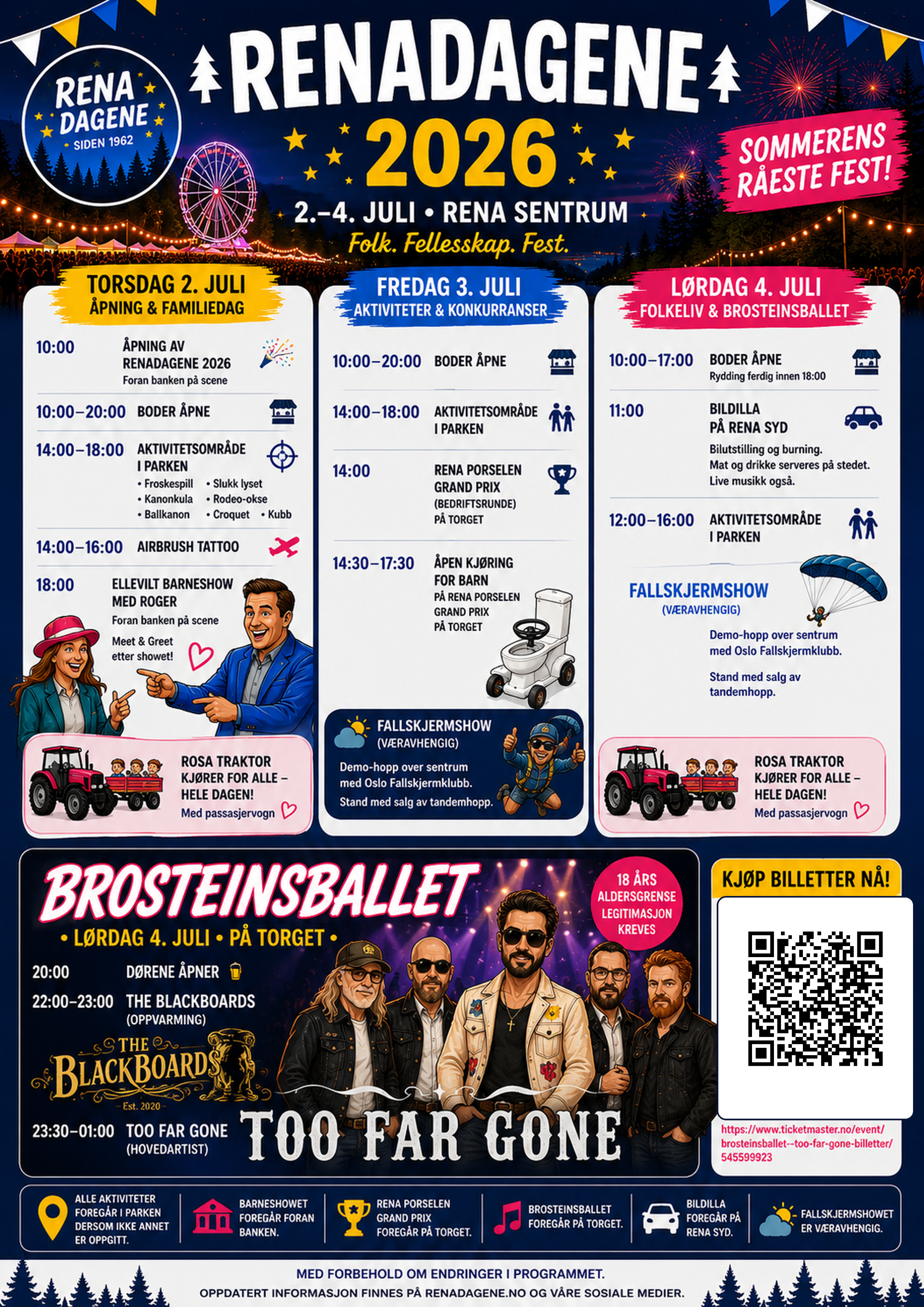 Program for Renadagene 2026 med oversikt over aktiviteter, konserter og arrangementer 2.–4. juli på Rena.